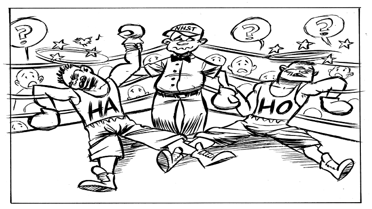 Figure 2. A boxing analogy of the p-value (Wagenmakers et al., in press). By considering only the dismal state of boxer H0 (i.e., the null hypothesis), the referee who uses Null-Hypothesis Significance Testing makes a decision that puzzles the public. Figure available at http://www.flickr.com/photos/23868780@N00/12559689854/, courtesy of Dirk-Jan Hoek, under CC license https://creativecommons.org/licenses/by/2.0/.  