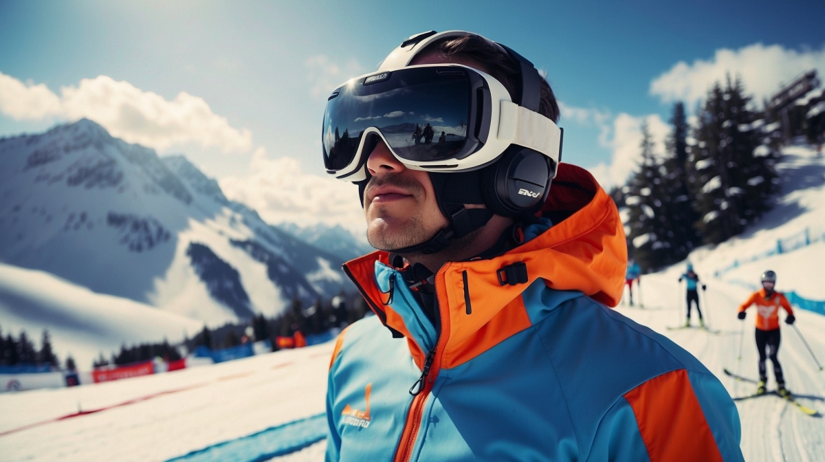 Image 3: An alpine skier using virtual reality on the slopes (AI-generated).